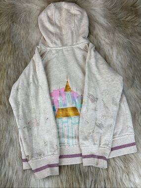 Disney Princess Girls Full Zip Hoodie Size 7 Pink Satin Hood Castle